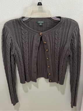 wild fable Charcoal Gray Cable-Knit Cropped Cardigan with Tortoiseshell Buttons
